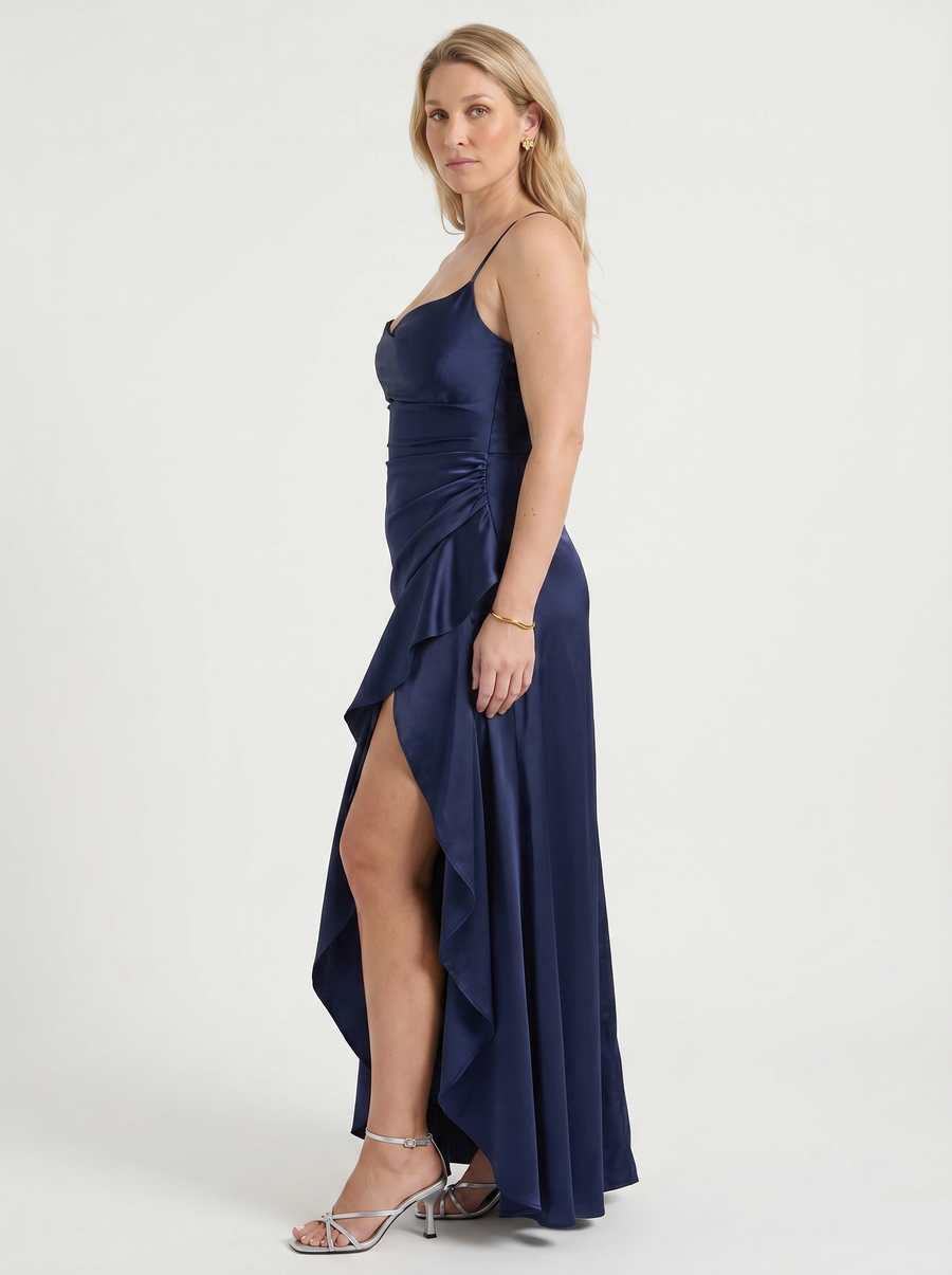 Serenity Satin Ruffle Maxi Dress with Slit