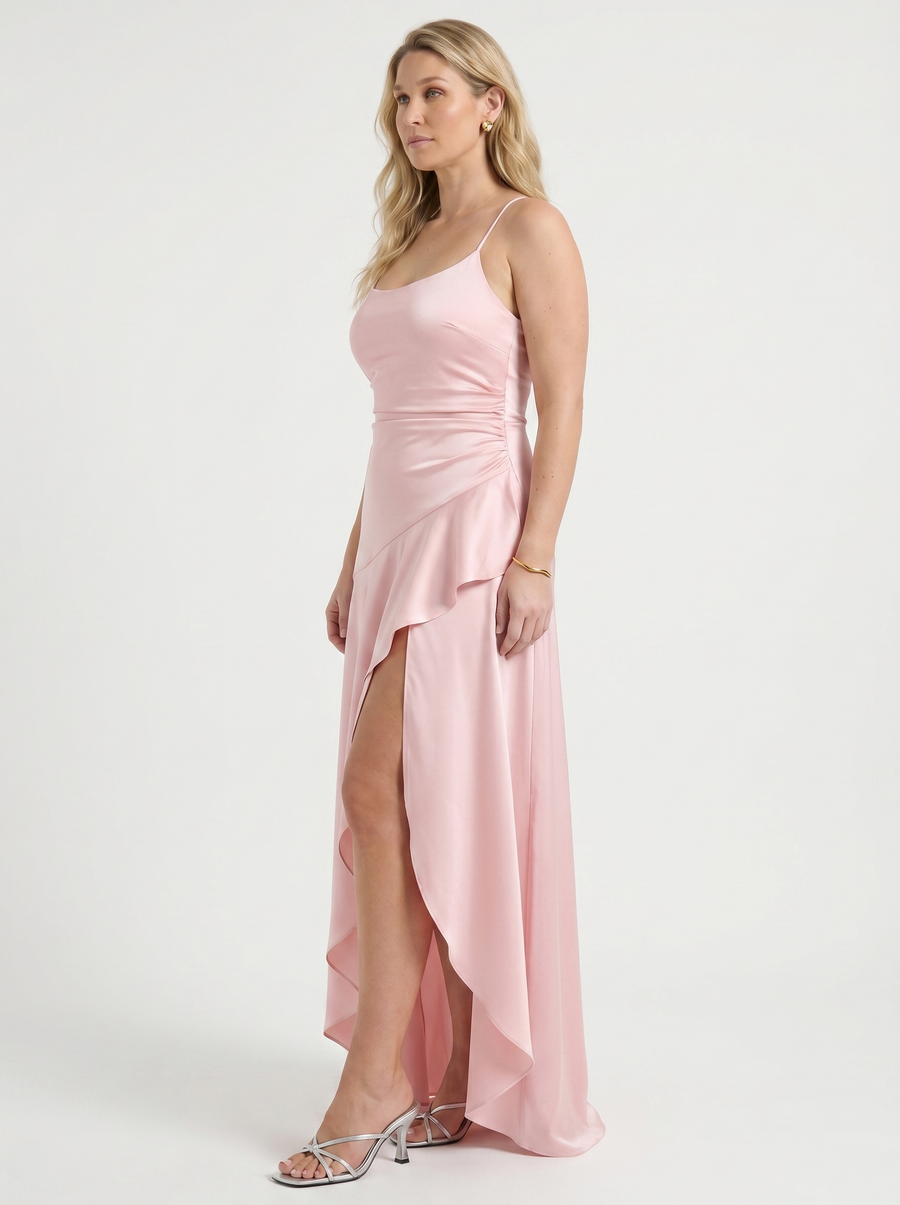 Serenity Satin Ruffle Maxi Dress with Slit