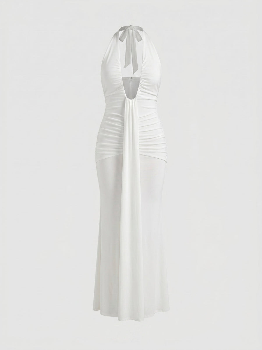 Marietta Plunge Halter Neck Ruched Maxi Dress