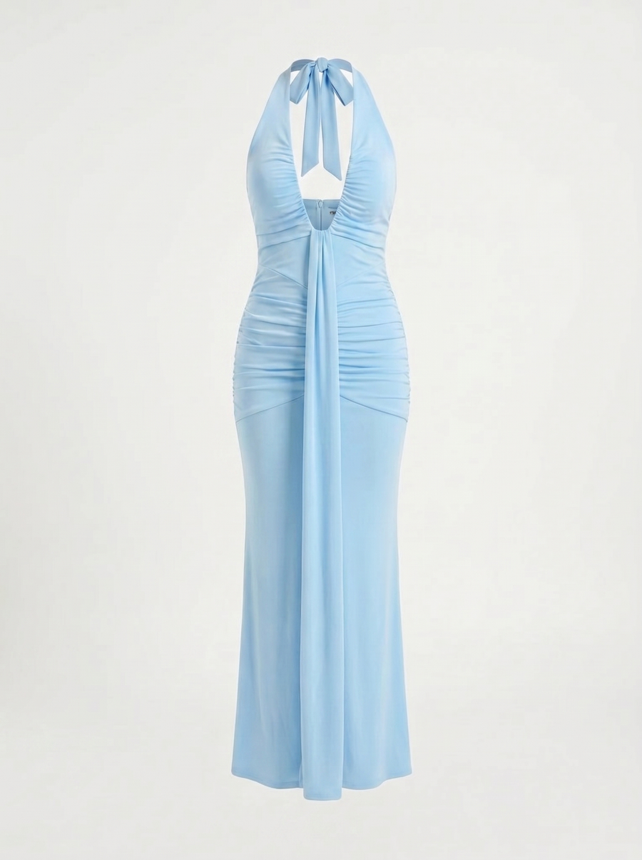 Marietta Plunge Halter Neck Ruched Maxi Dress