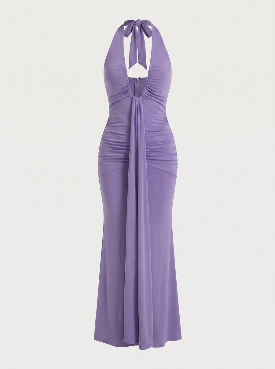 Marietta Plunge Halter Neck Ruched Maxi Dress