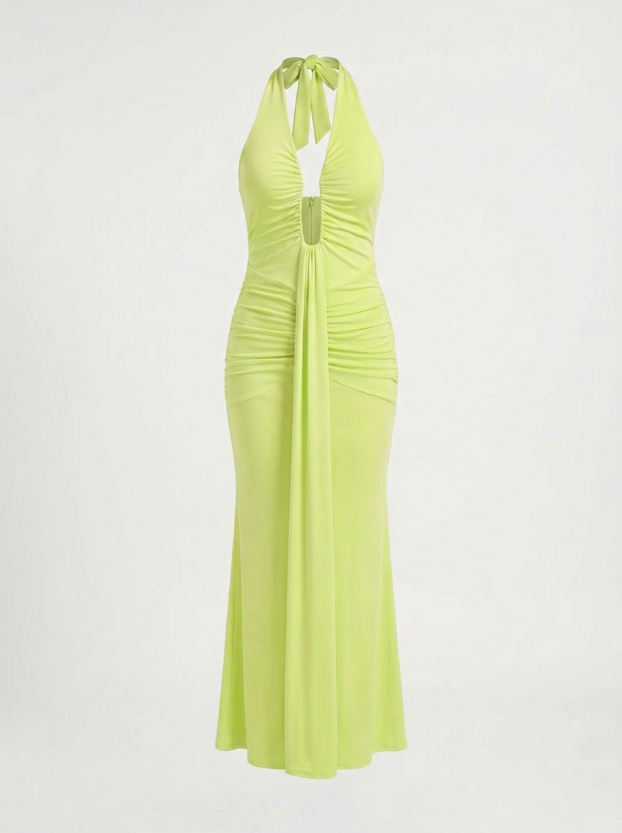 Marietta Plunge Halter Neck Ruched Maxi Dress