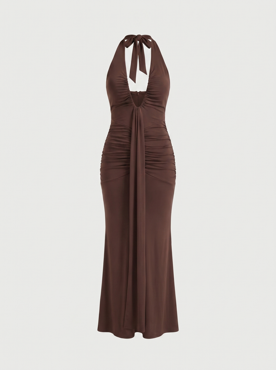 Marietta Plunge Halter Neck Ruched Maxi Dress