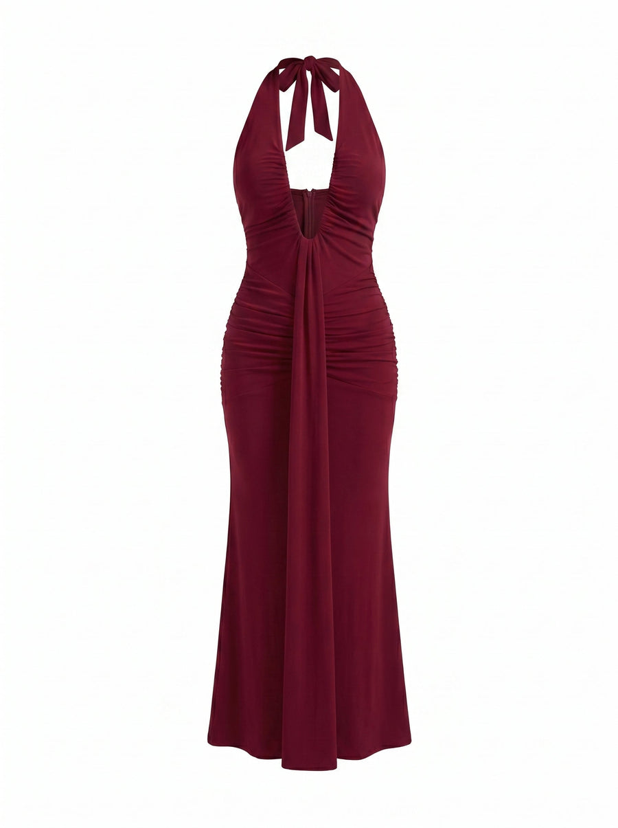 Marietta Plunge Halter Neck Ruched Maxi Dress