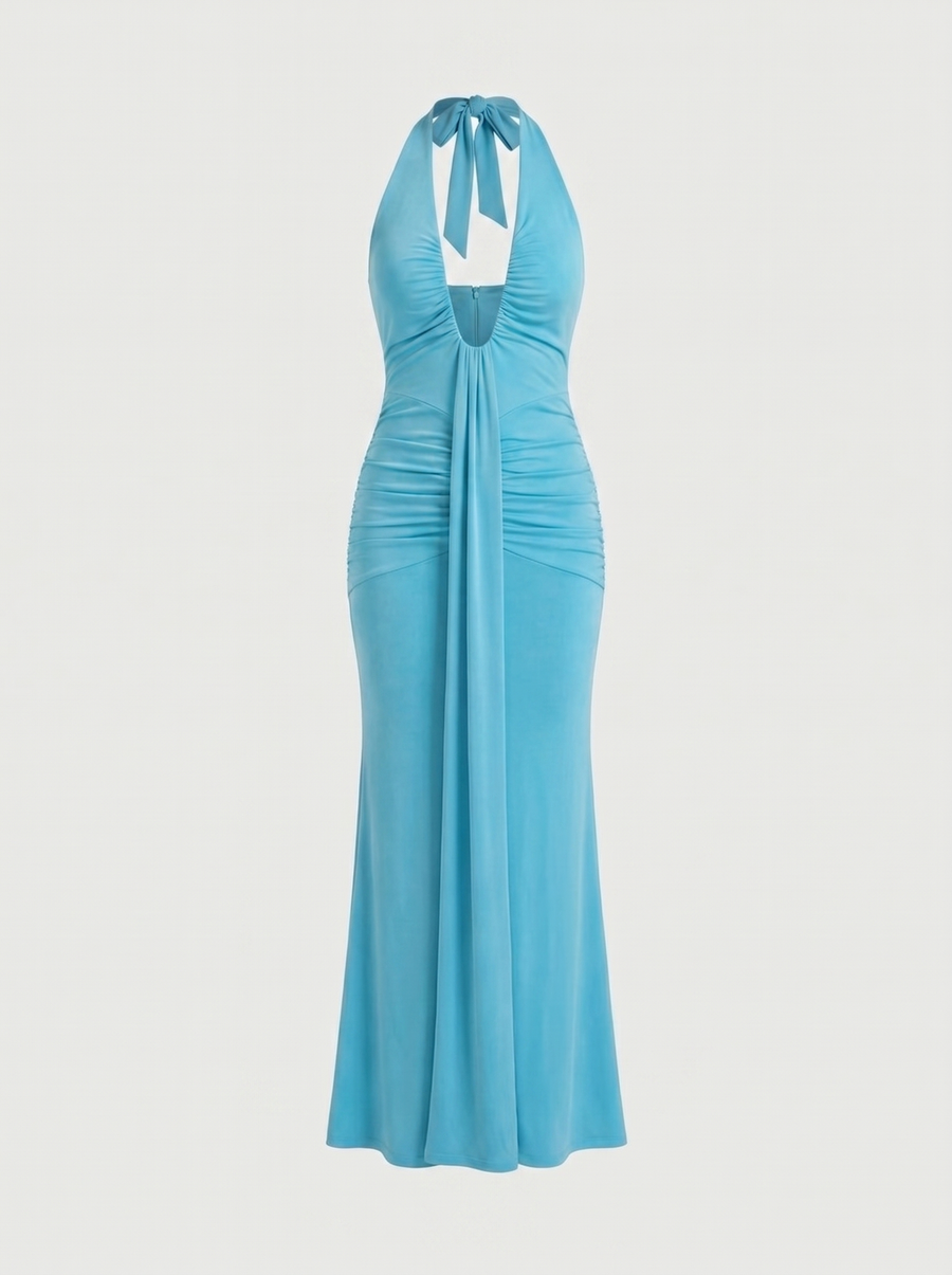 Marietta Plunge Halter Neck Ruched Maxi Dress