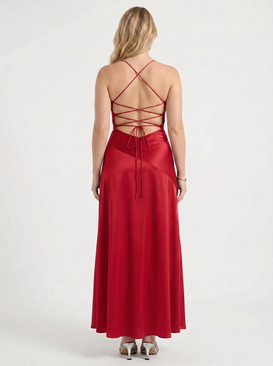 Serenity Satin Ruffle Maxi Dress with Slit