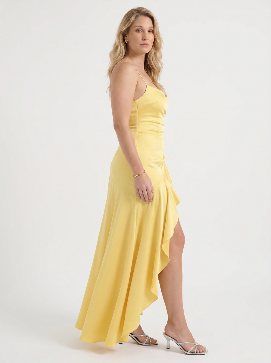 Serenity Satin Ruffle Maxi Dress with Slit