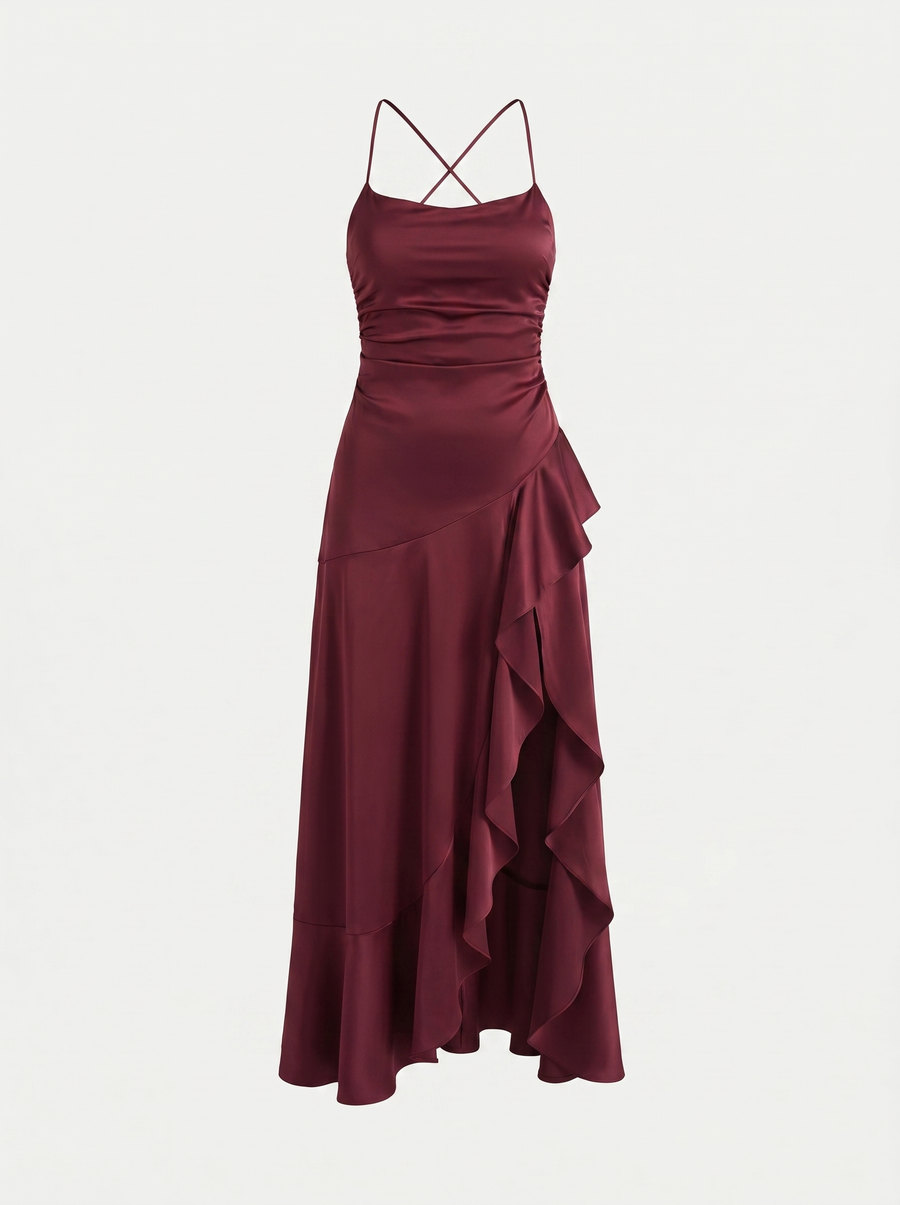 Serenity Satin Ruffle Maxi Dress with Slit