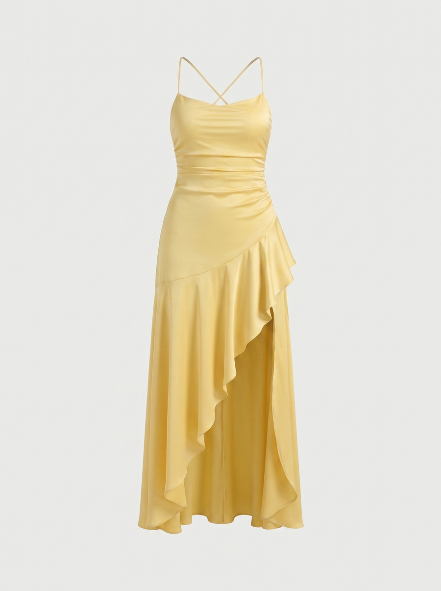 Serenity Satin Ruffle Maxi Dress with Slit