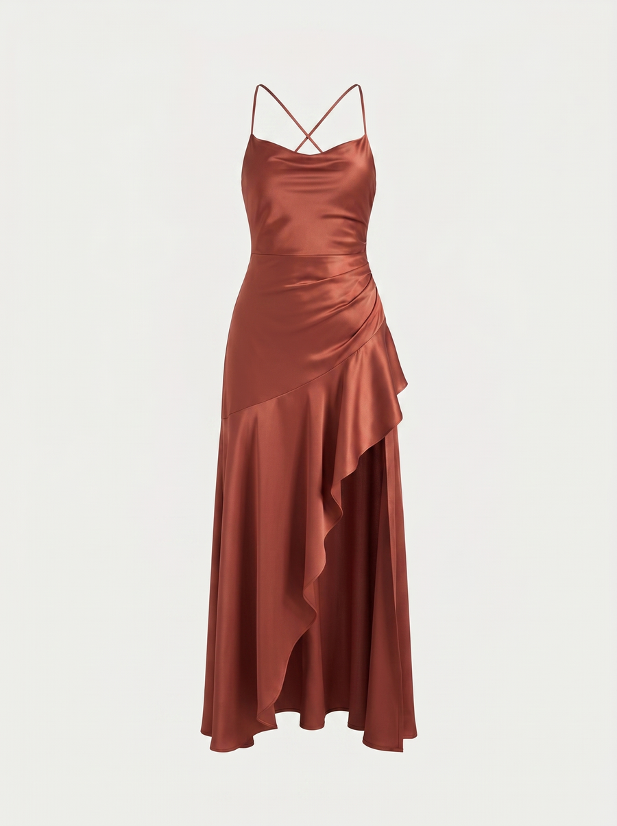 Serenity Satin Ruffle Maxi Dress with Slit