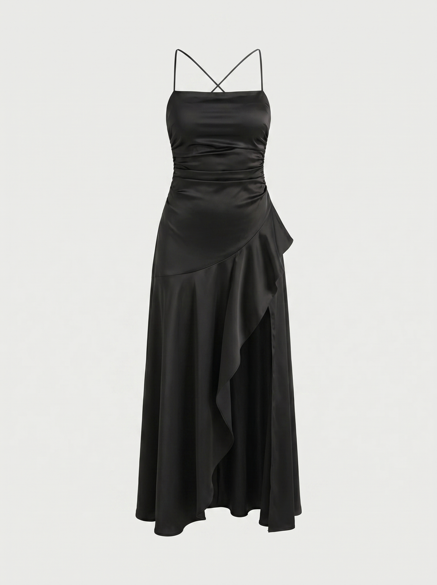 Serenity Satin Ruffle Maxi Dress with Slit