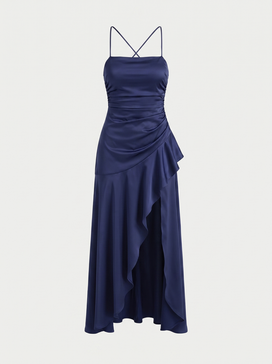 Serenity Satin Ruffle Maxi Dress with Slit