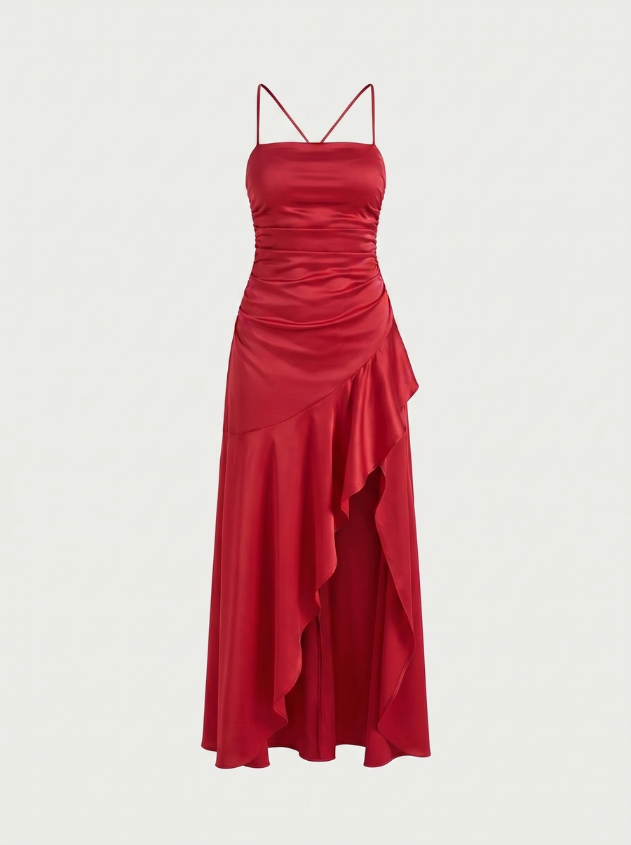 Serenity Satin Ruffle Maxi Dress with Slit