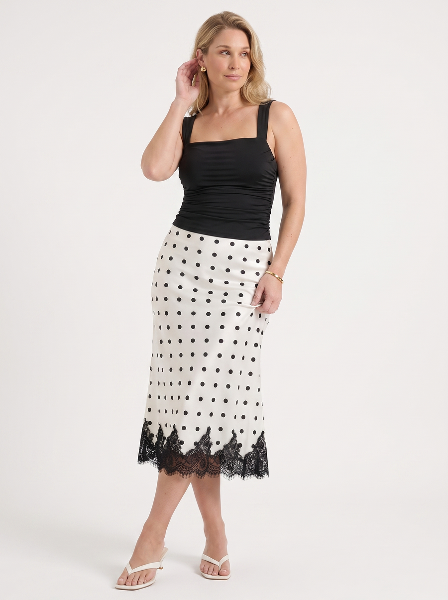 Christel Polka Dot Lace Hem Midi Skirt