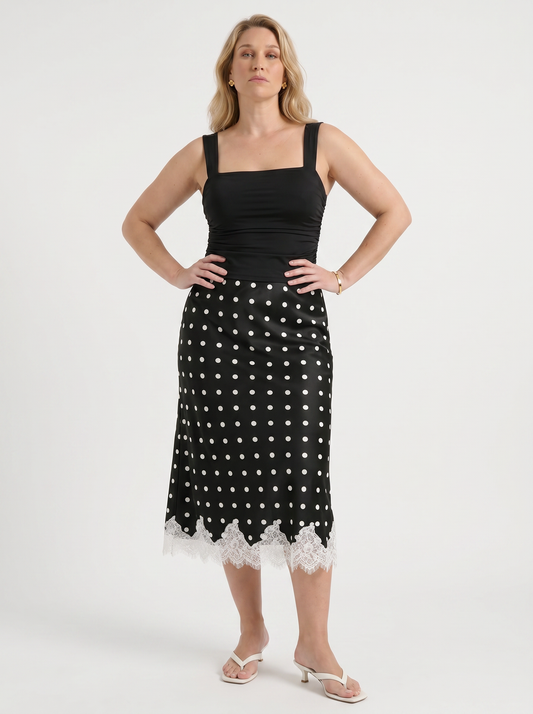 Christel Polka Dot Lace Hem Midi Skirt