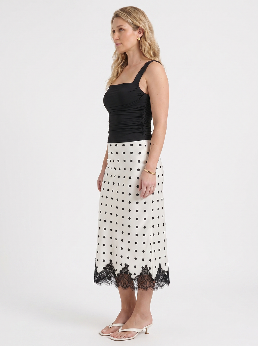 Christel Polka Dot Lace Hem Midi Skirt