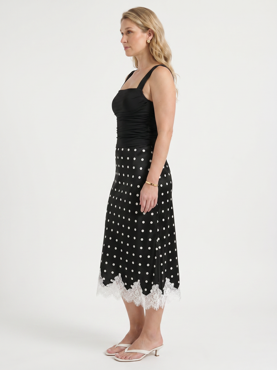 Christel Polka Dot Lace Hem Midi Skirt