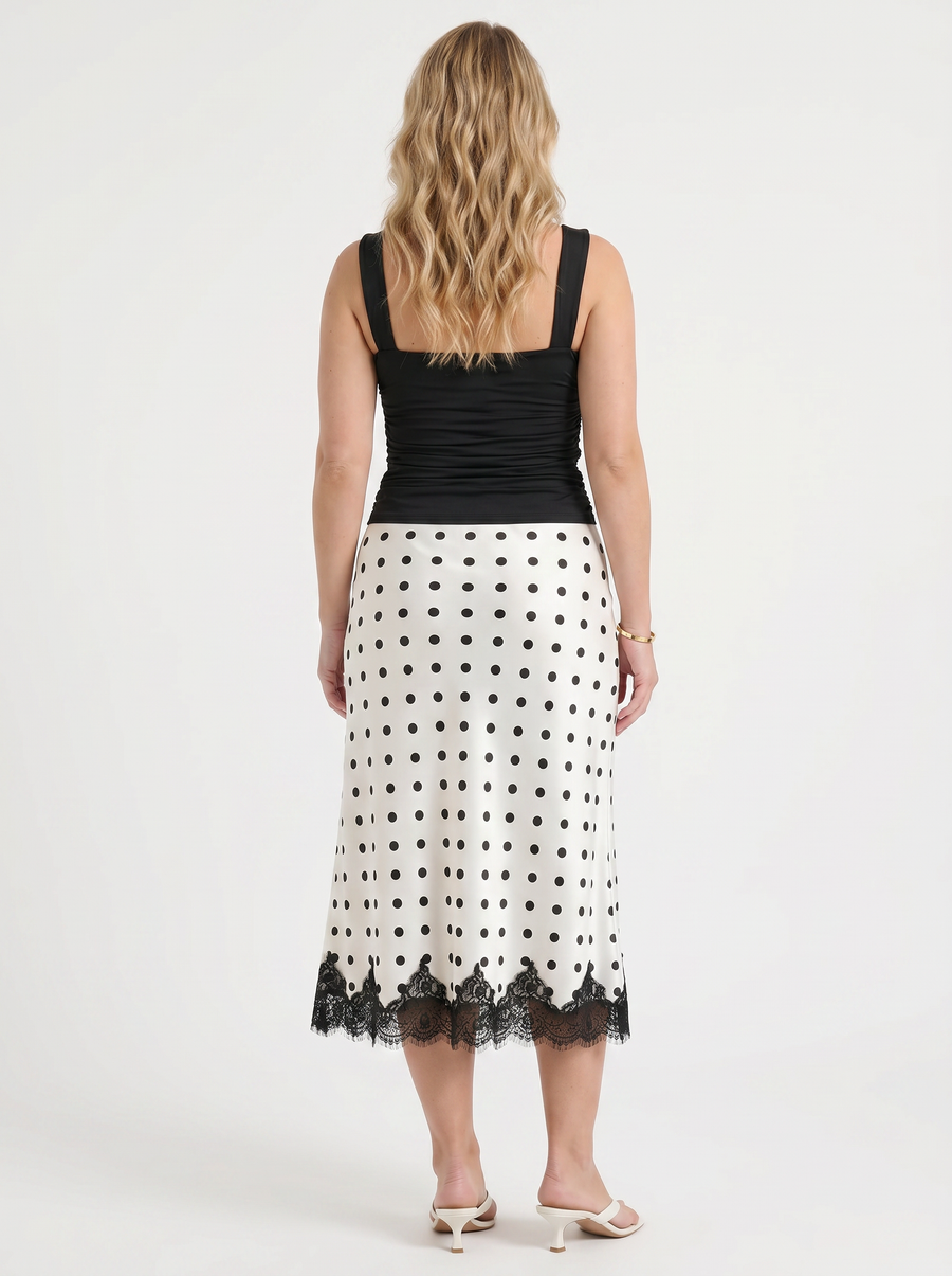 Christel Polka Dot Lace Hem Midi Skirt