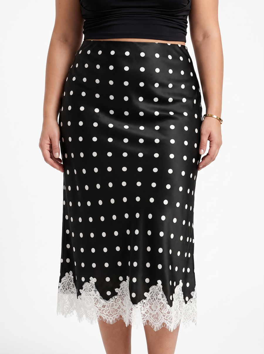 Christel Polka Dot Lace Hem Midi Skirt
