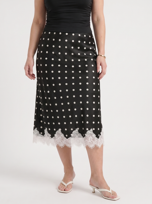Christel Polka Dot Lace Hem Midi Skirt