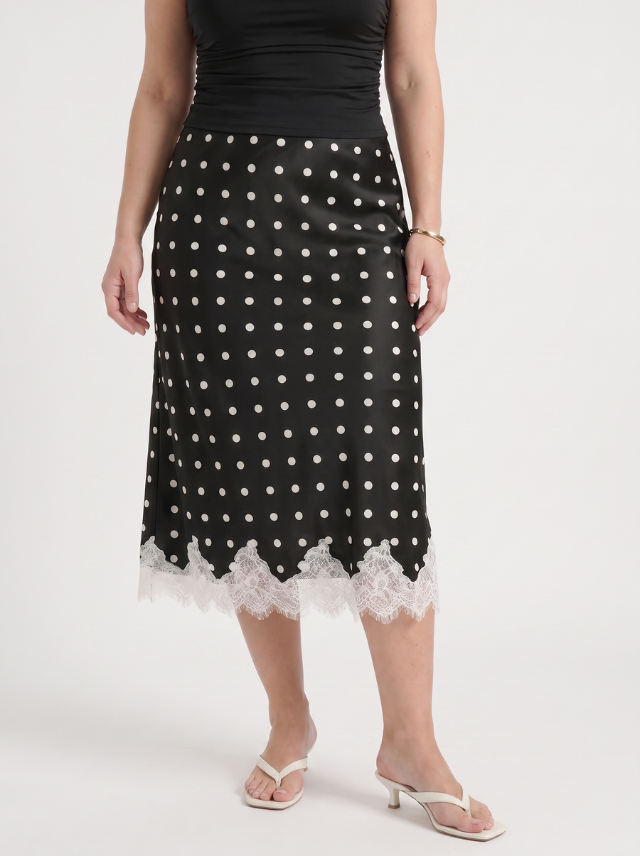 Christel Polka Dot Lace Hem Midi Skirt