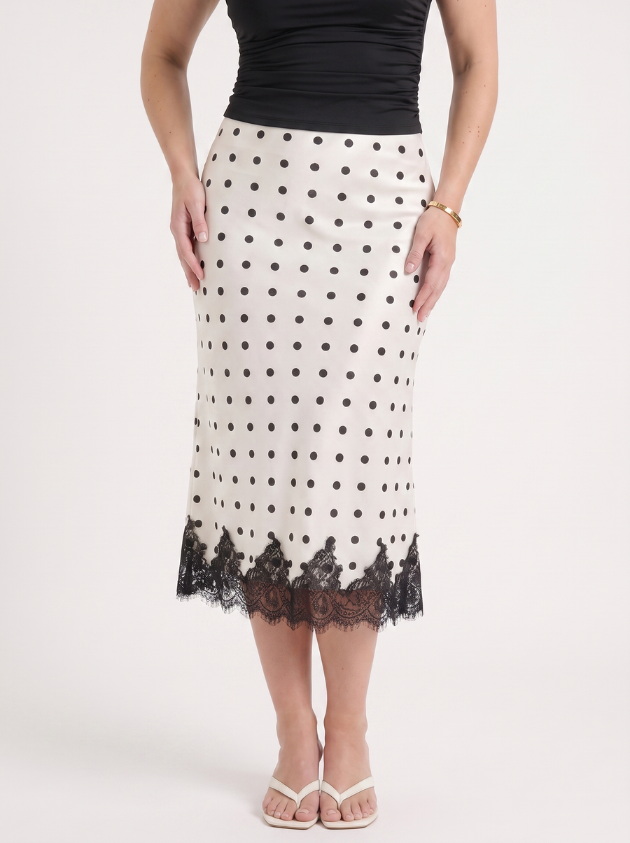 Christel Polka Dot Lace Hem Midi Skirt