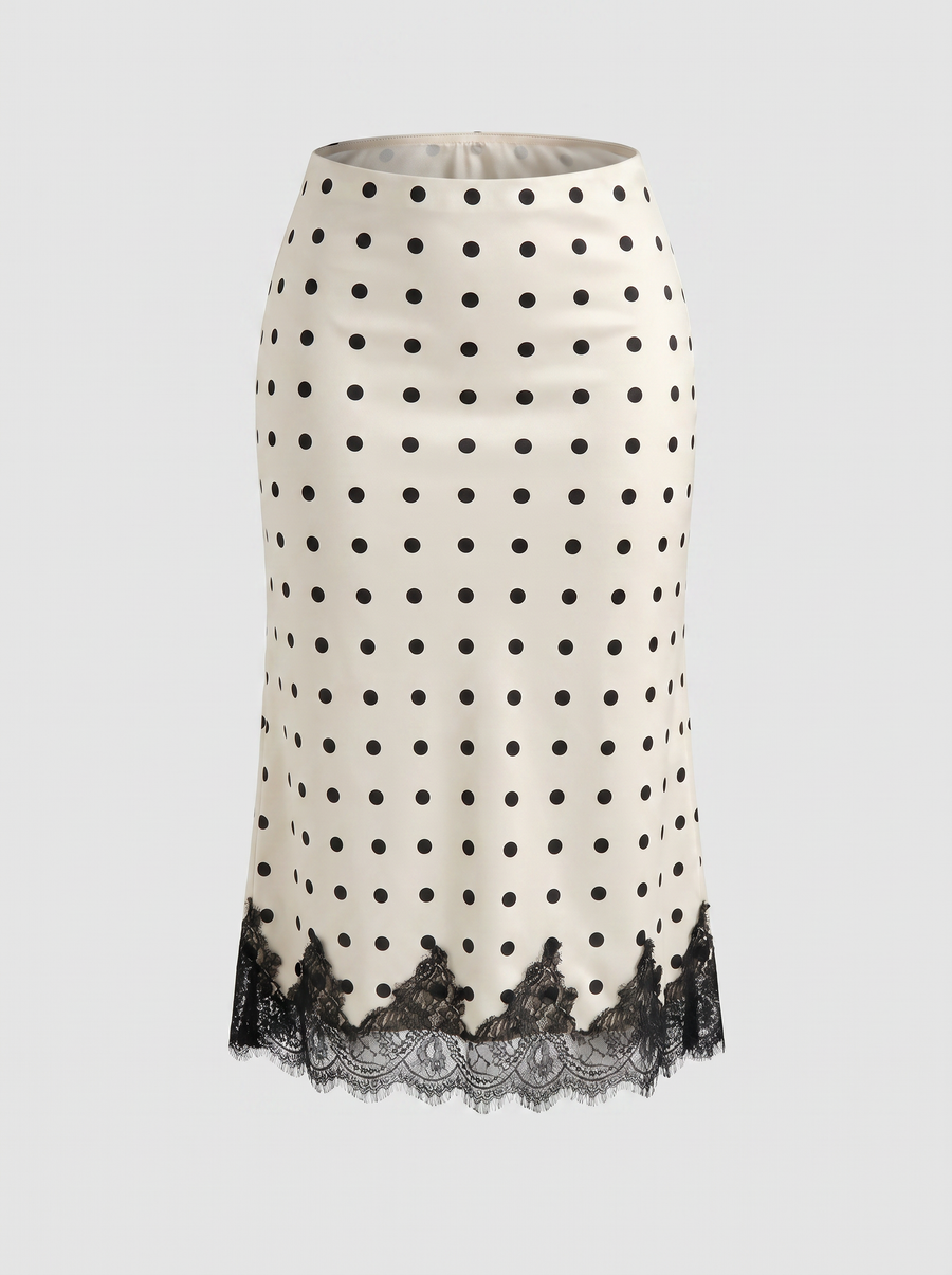 Christel Polka Dot Lace Hem Midi Skirt