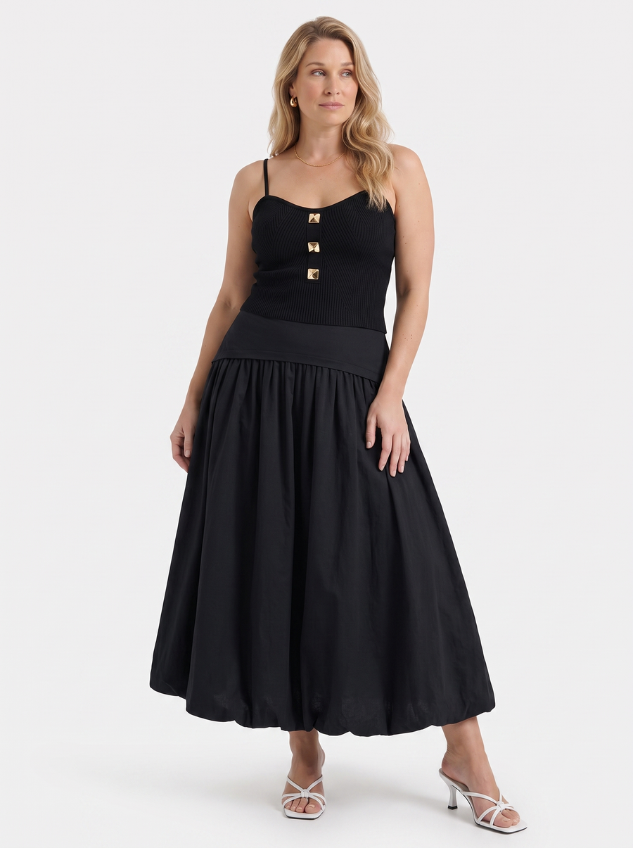 Mari Wide Waistband Flared Maxi Skirt