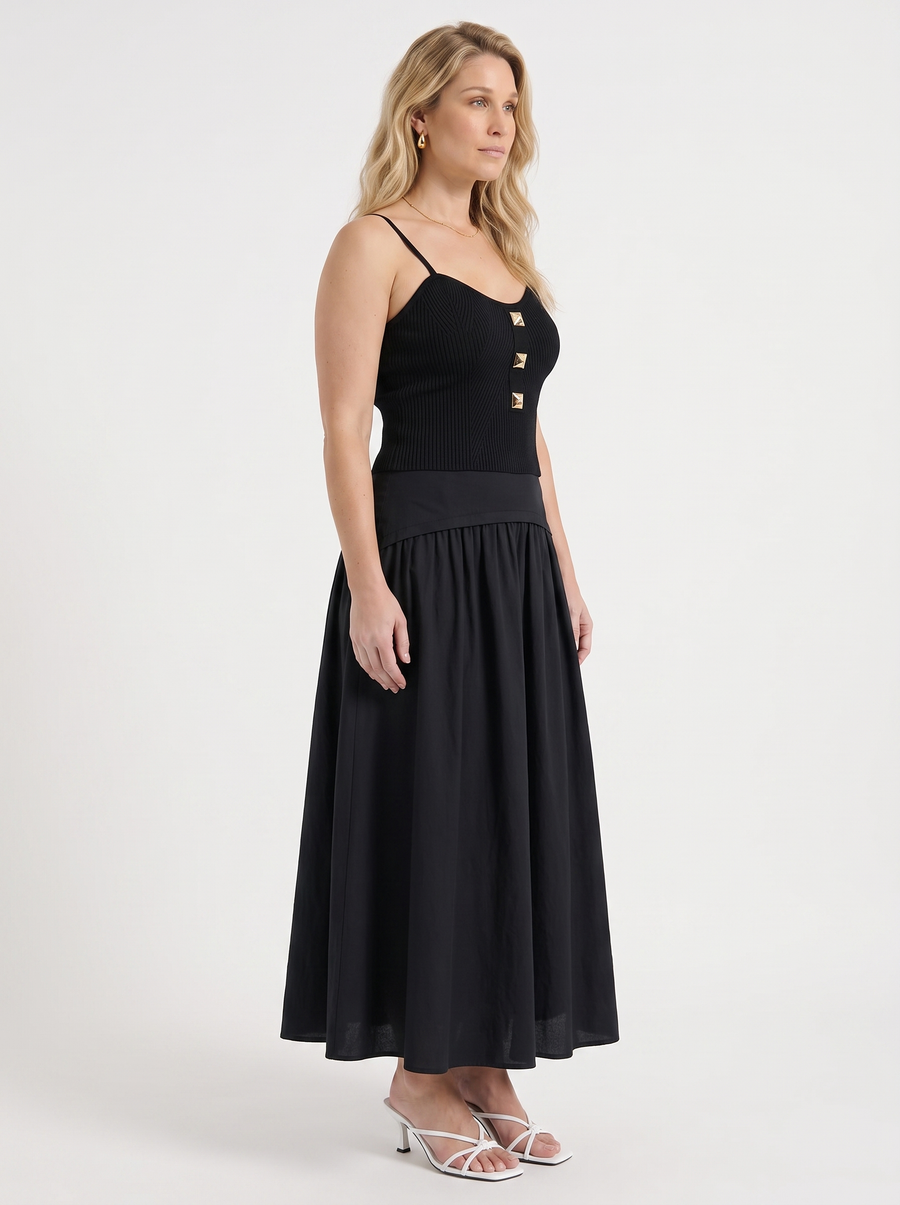 Mari Wide Waistband Flared Maxi Skirt