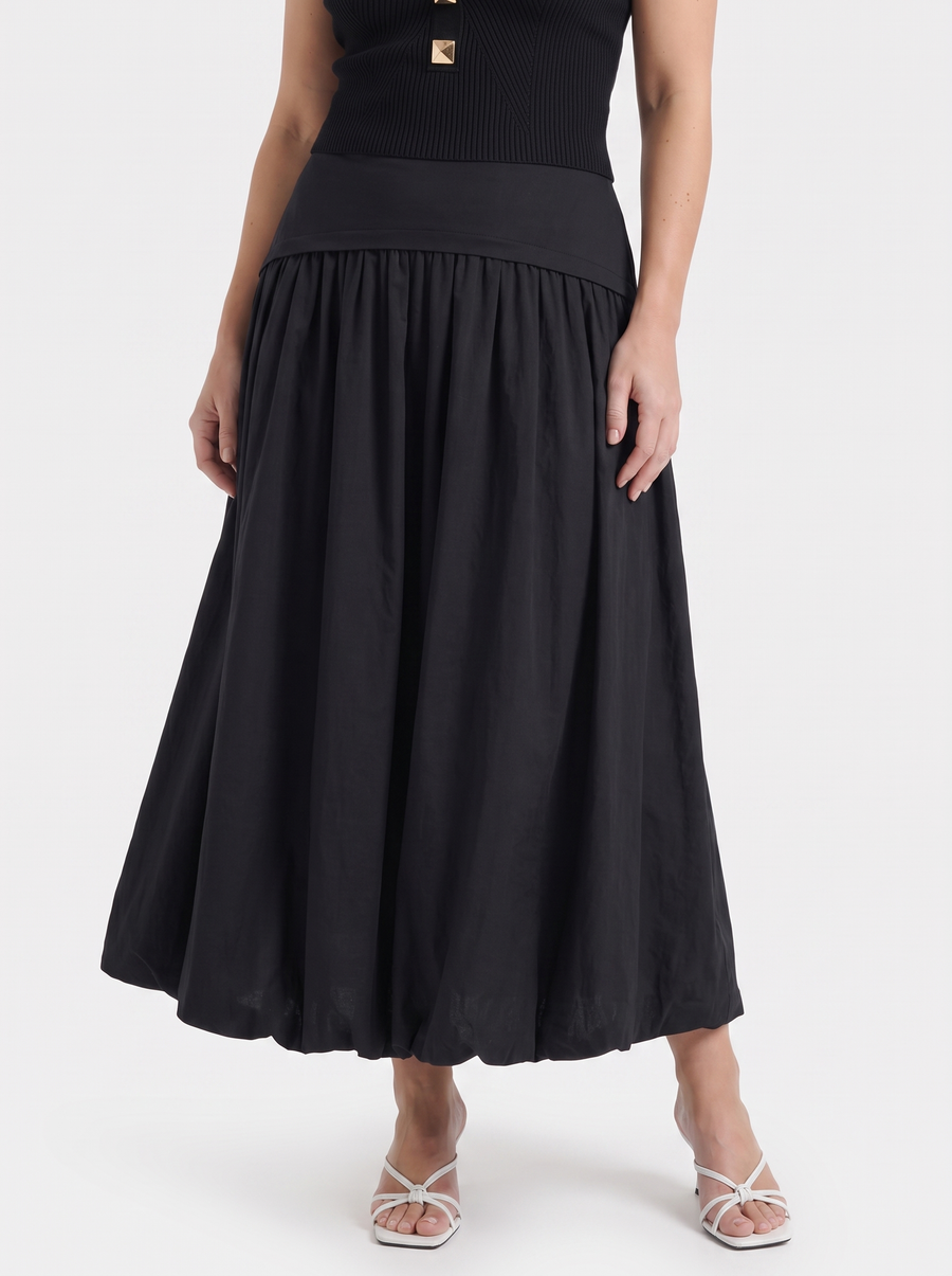 Mari Wide Waistband Flared Maxi Skirt
