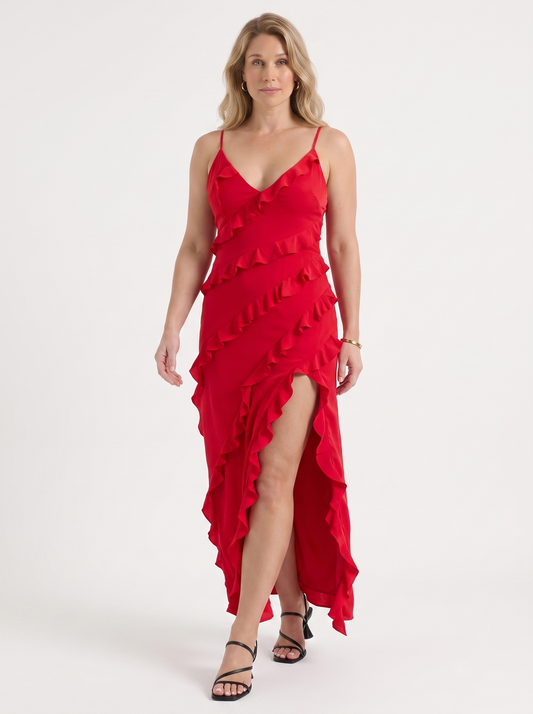 Dora Diagonal Ruffle Maxi Dress with Slit