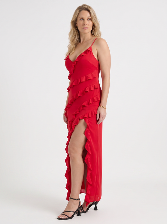 Dora Diagonal Ruffle Maxi Dress with Slit