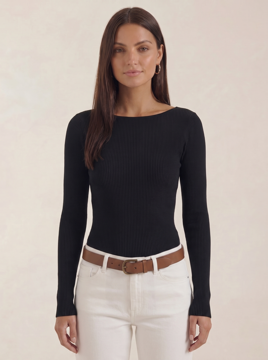 Ruth Boat Neck Ribbed Long Sleeve Top