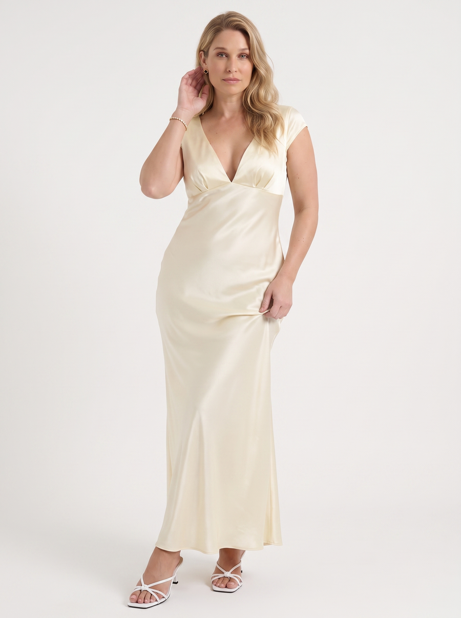 Tessa Satin V Neck Flutter Sleeve Maxi Dress