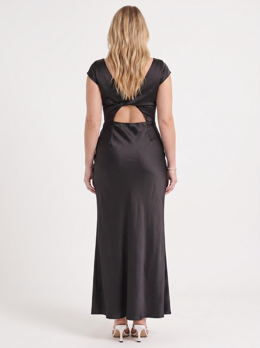 Tessa Satin V Neck Flutter Sleeve Maxi Dress