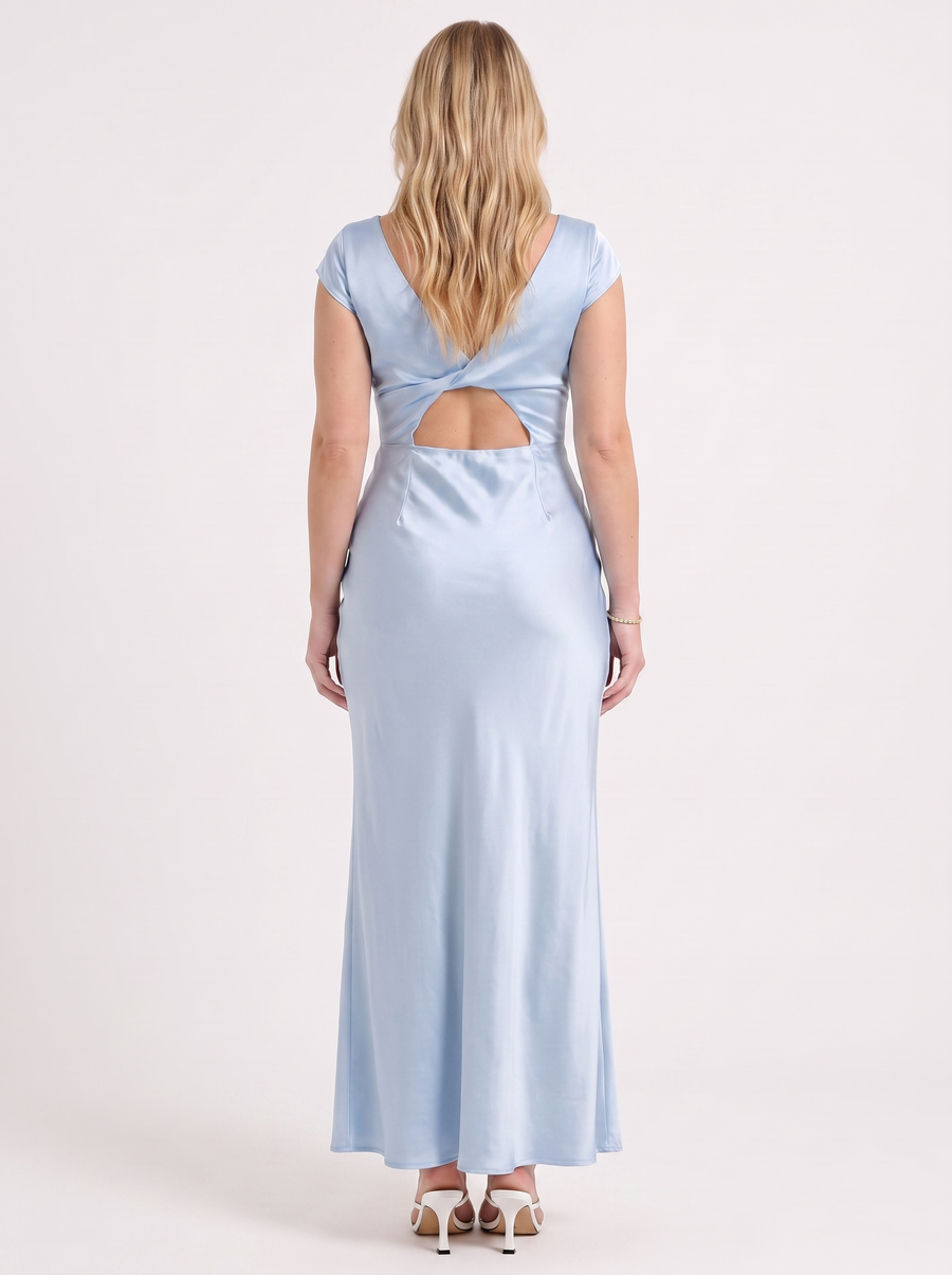 Tessa Satin V Neck Flutter Sleeve Maxi Dress