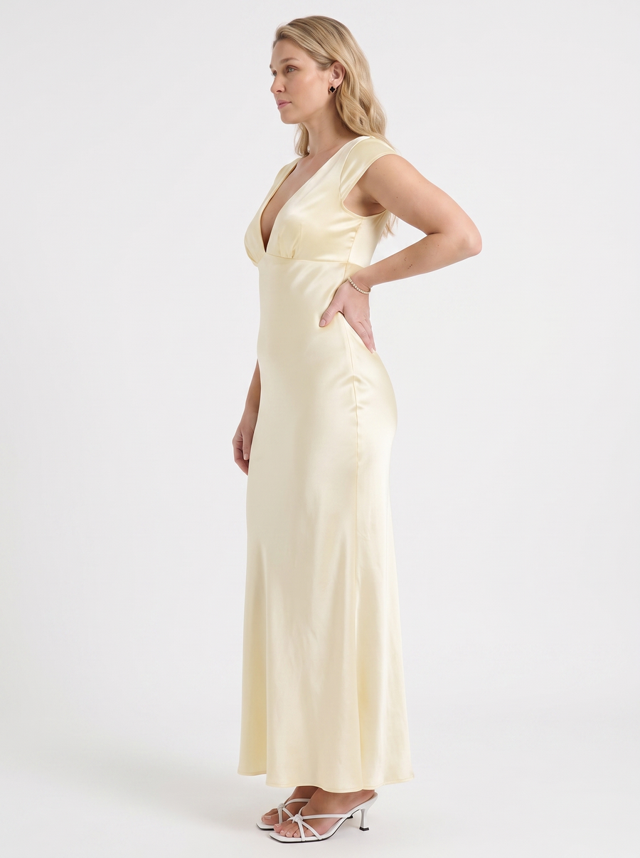Tessa Satin V Neck Flutter Sleeve Maxi Dress