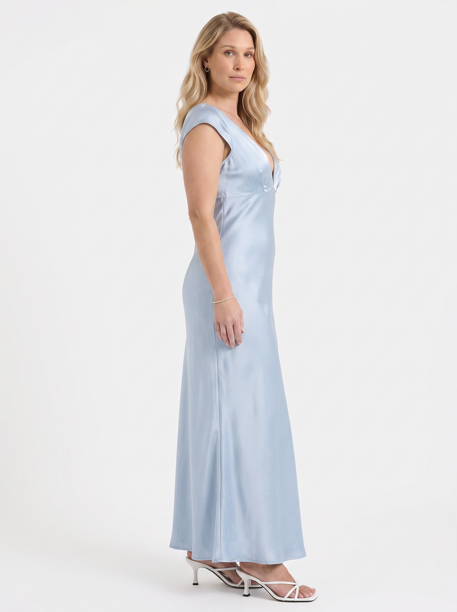 Tessa Satin V Neck Flutter Sleeve Maxi Dress