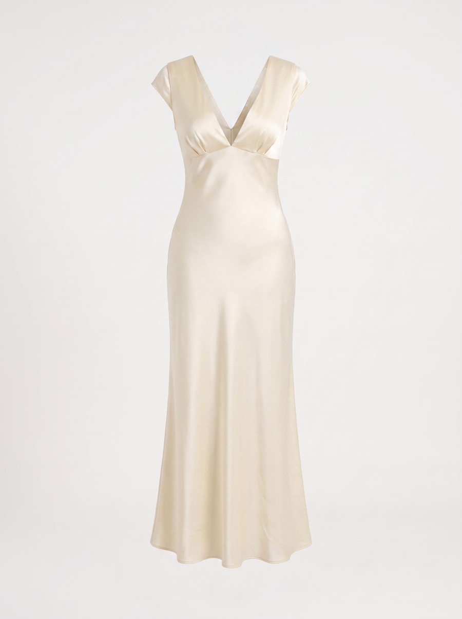Tessa Satin V Neck Flutter Sleeve Maxi Dress