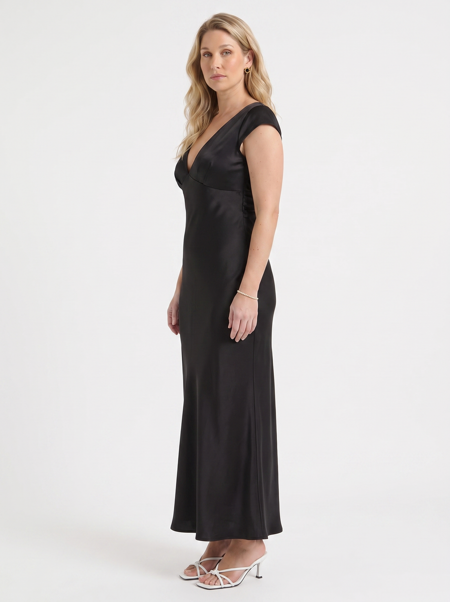 Tessa Satin V Neck Flutter Sleeve Maxi Dress