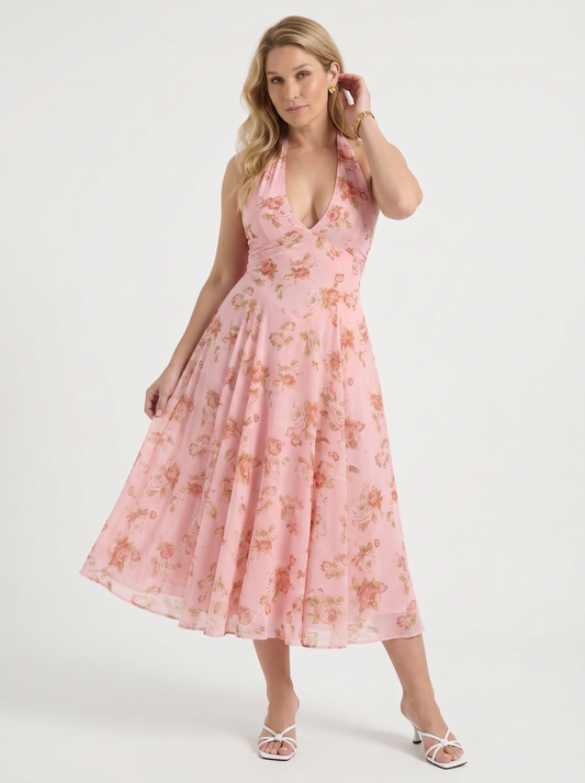 Kaley Floral Halter Neck Midi Dress