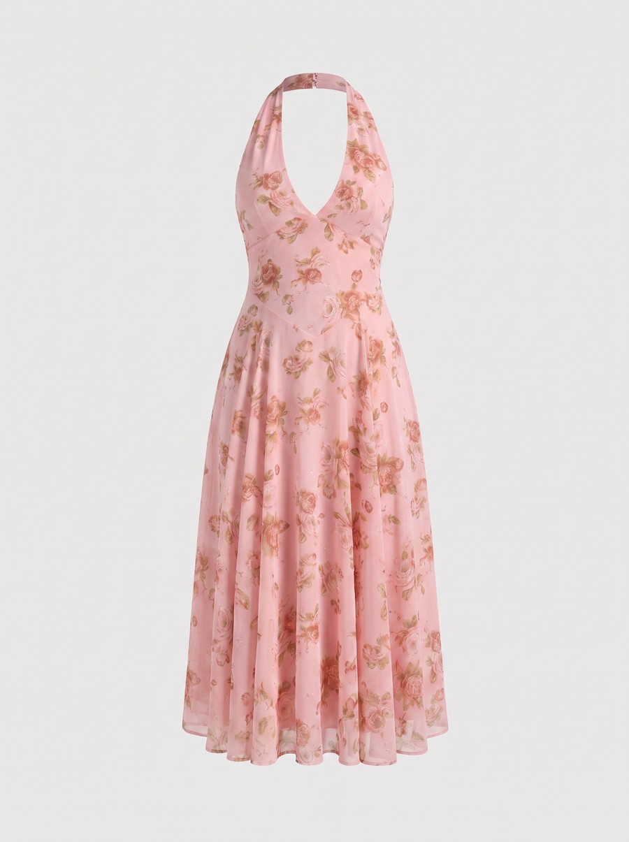 Kaley Floral Halter Neck Midi Dress