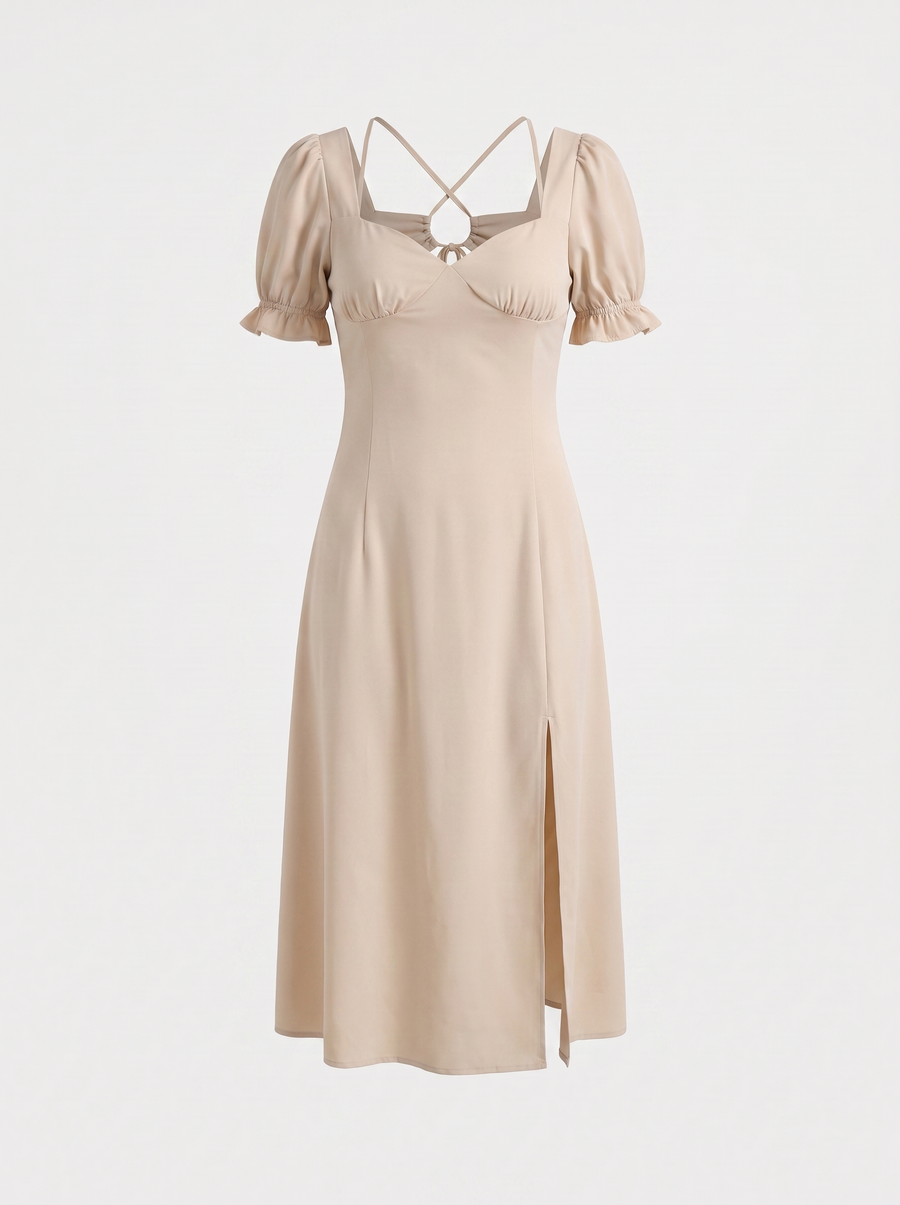 Adrienne Sweetheart Neck Puff Sleeve Midi Dress