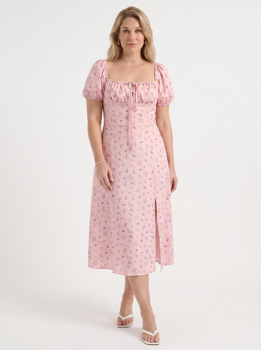 Ivy Floral Puff Sleeve Tiered Cotton Midi Dress
