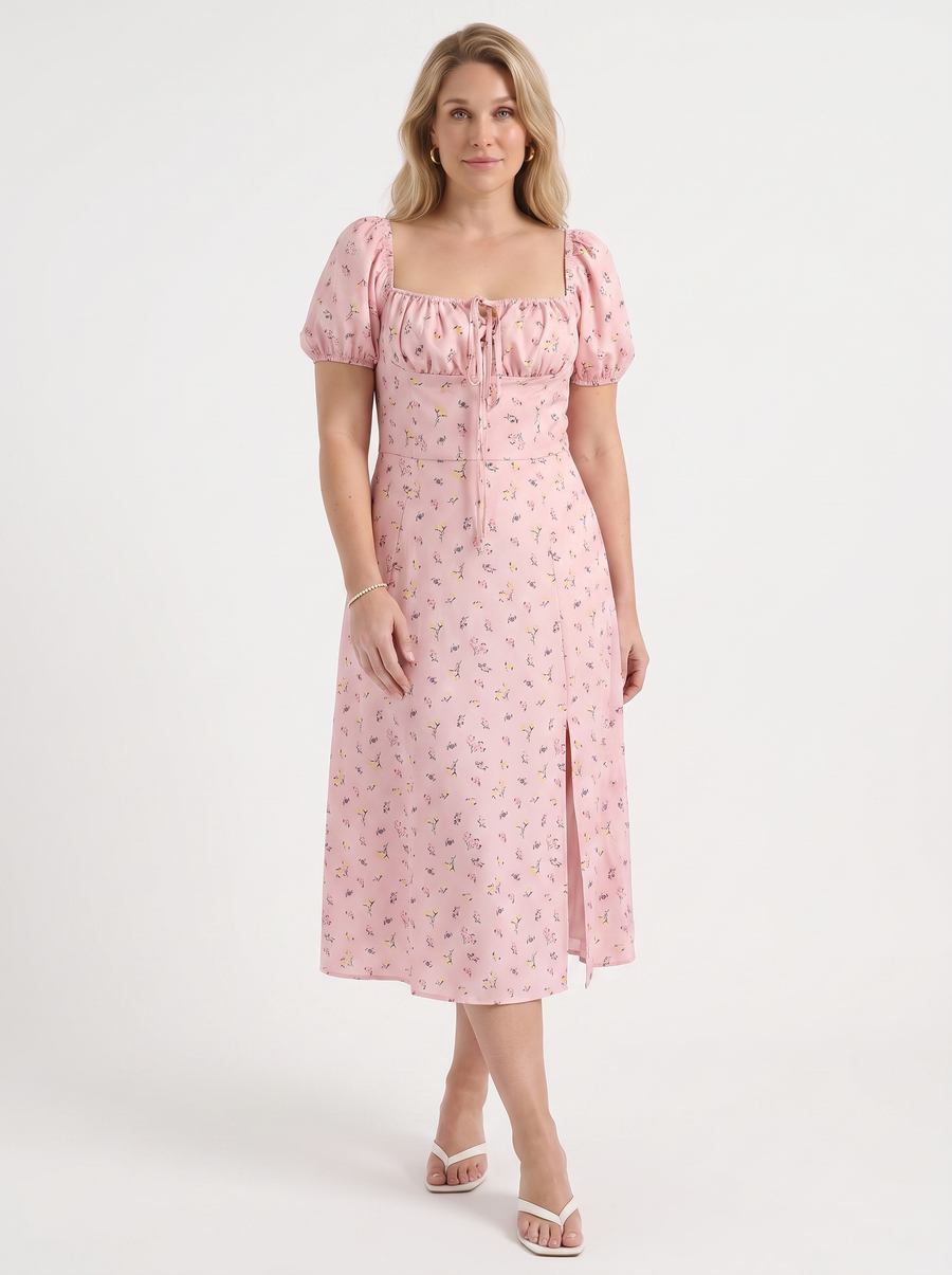 Ivy Floral Puff Sleeve Tiered Cotton Midi Dress