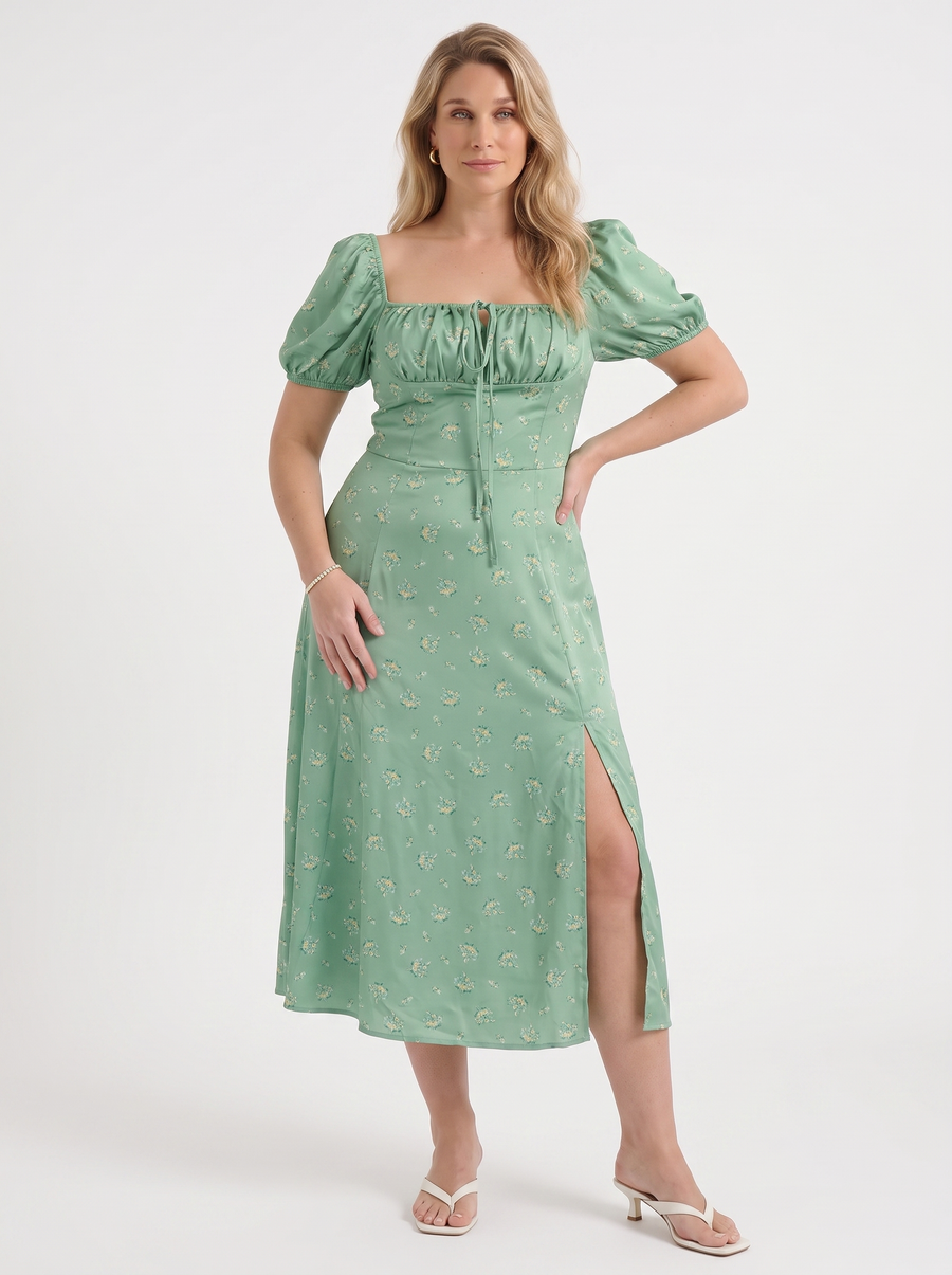 Ivy Floral Puff Sleeve Tiered Cotton Midi Dress