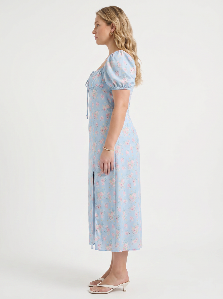 Ivy Floral Puff Sleeve Tiered Cotton Midi Dress