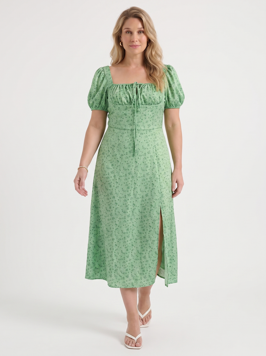 Ivy Floral Puff Sleeve Tiered Cotton Midi Dress
