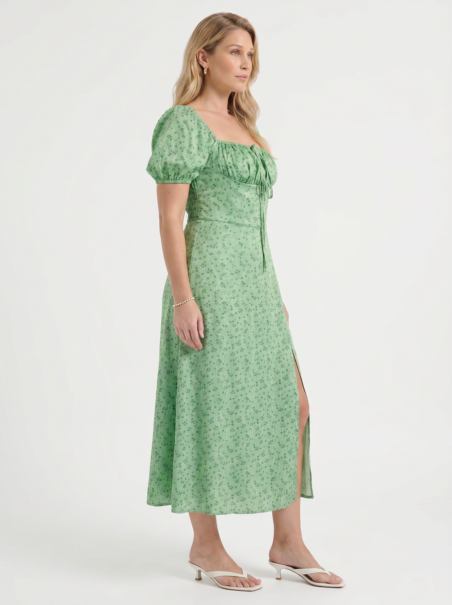 Ivy Floral Puff Sleeve Tiered Cotton Midi Dress