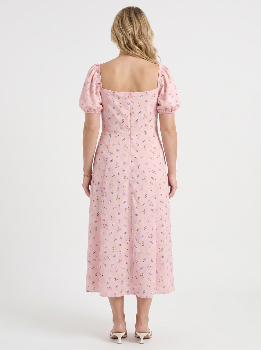 Ivy Floral Puff Sleeve Tiered Cotton Midi Dress